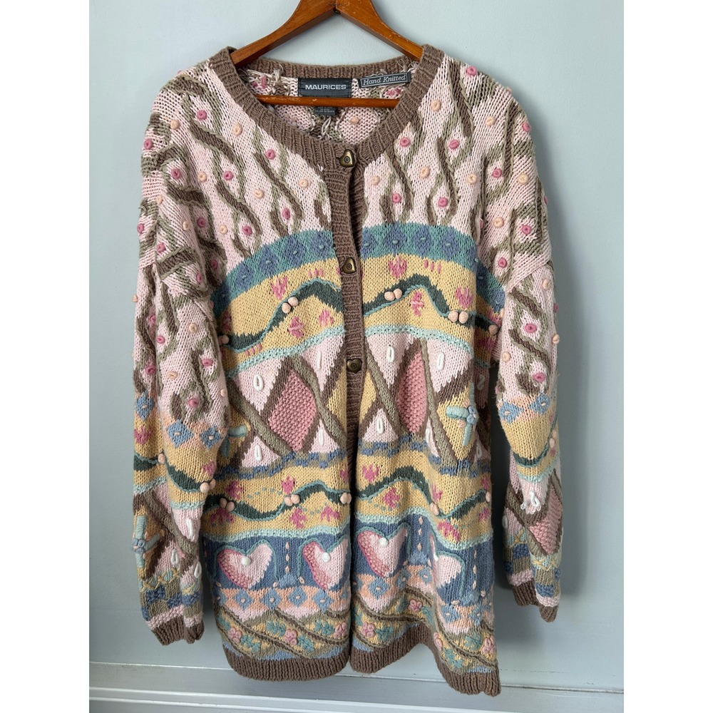 Maurices Hand Knitted Cardigan Pastel Heart Floral Popcorn Knit Sweater Large